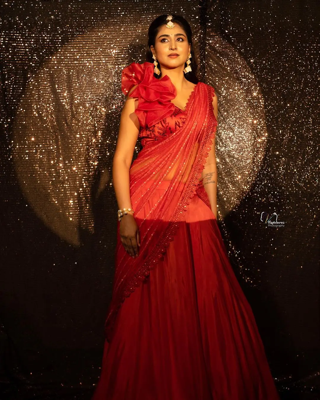 Varshini Sounderajan In Red Lehenga Voni Choli